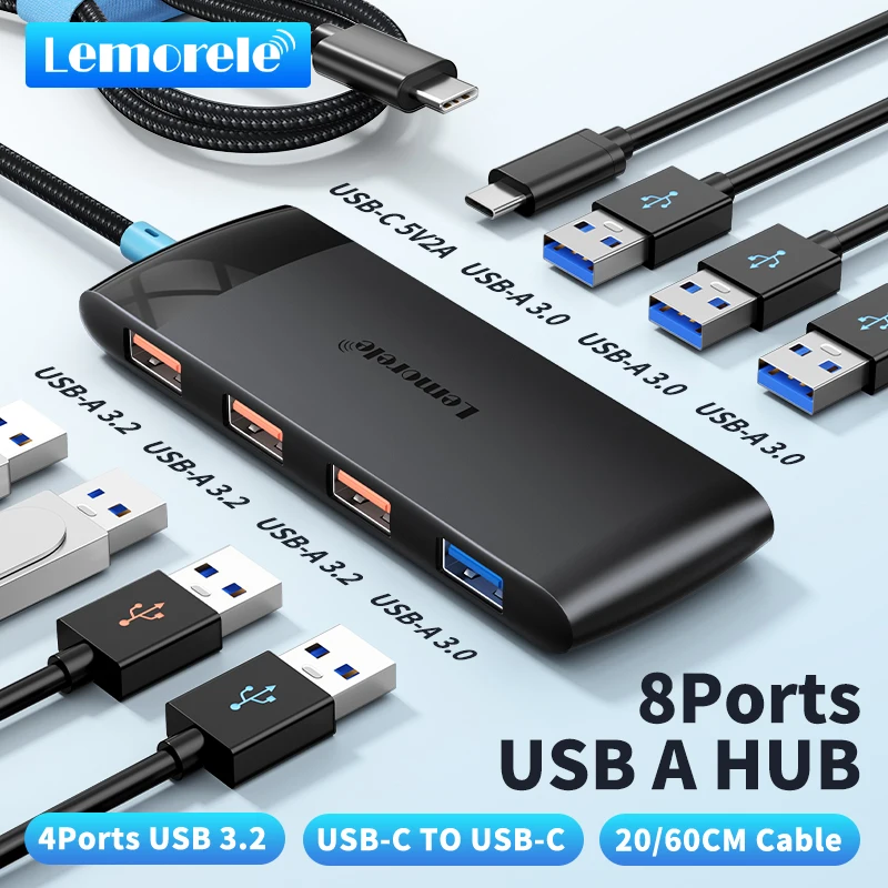 Lemorele TC110 8Ports USB HUB 10Gbps USB 3.2 Hub Multiprise USB High Speed Splitter with MacBook Pro Air Laptop Desktop PC Xbox