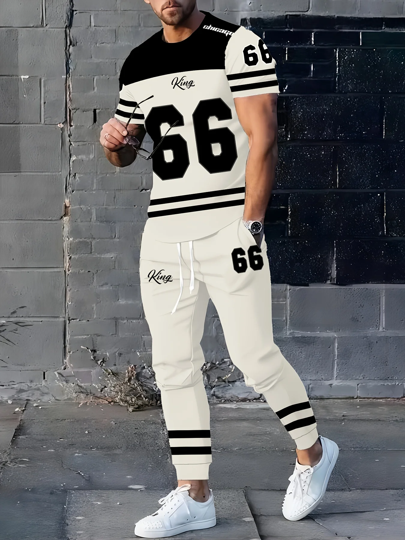 

The 2025 summer new men's set a 66-letter printed sportswear with retro stripes