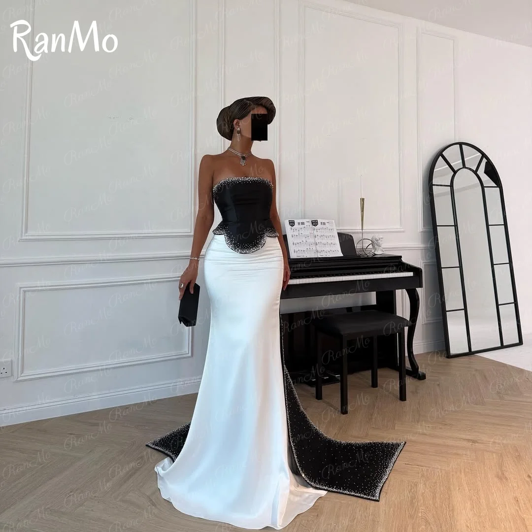 Ranmo Customized Exquisite Strapless Sleeveless Evening Dress High Quality Satin Prom Dresses Delicate Crystal Beaded Party Gown