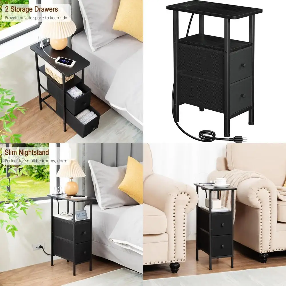 

Black Slim End Table for Living Room with Charging Station, Fabric Drawers, Ideal for Small Spaces