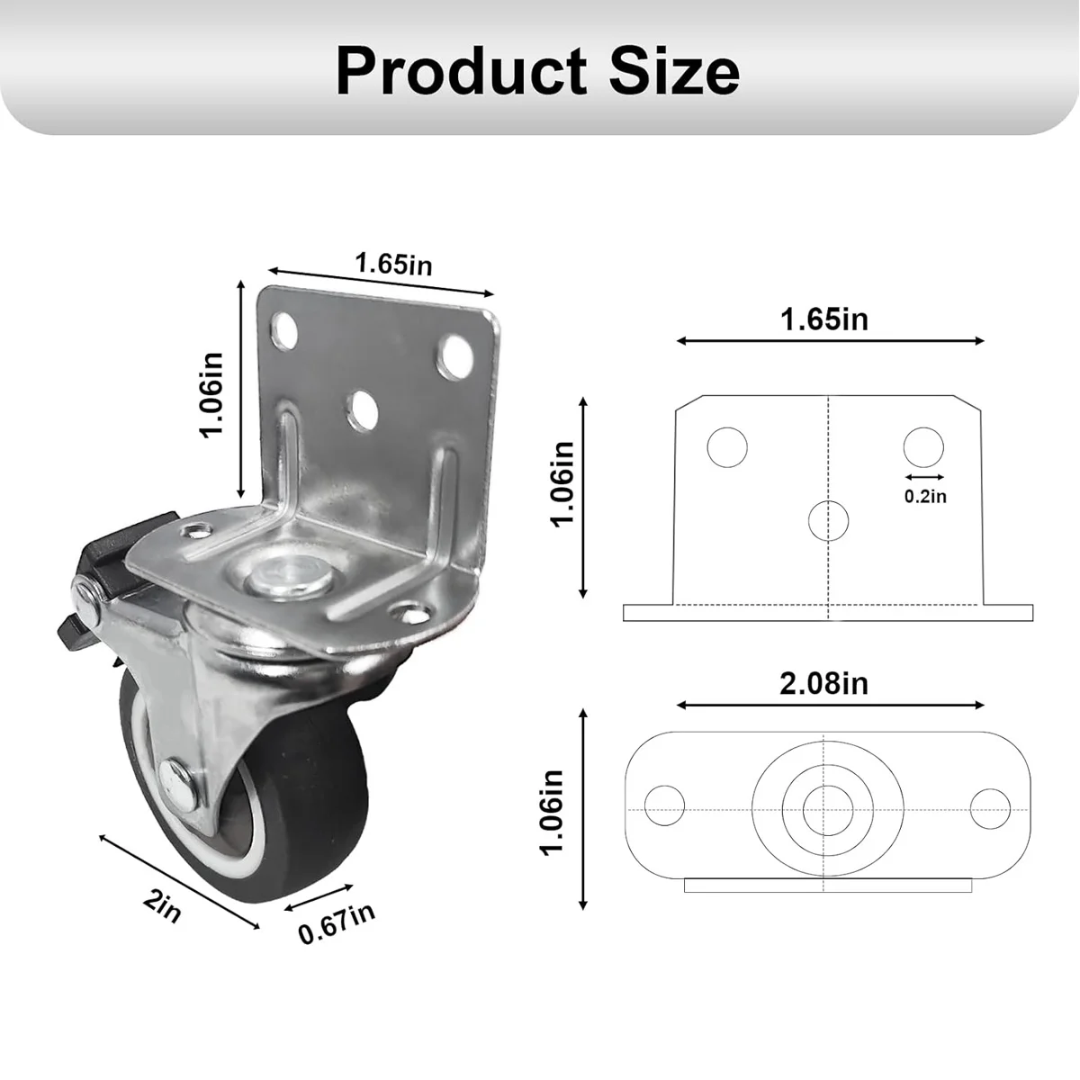 2 Inch Side Mount Casters, L-Shaped Rubber Casters Set of 4 Caster Wheels for Furniture, Cribs, Kitchens, Cabinets, Tables