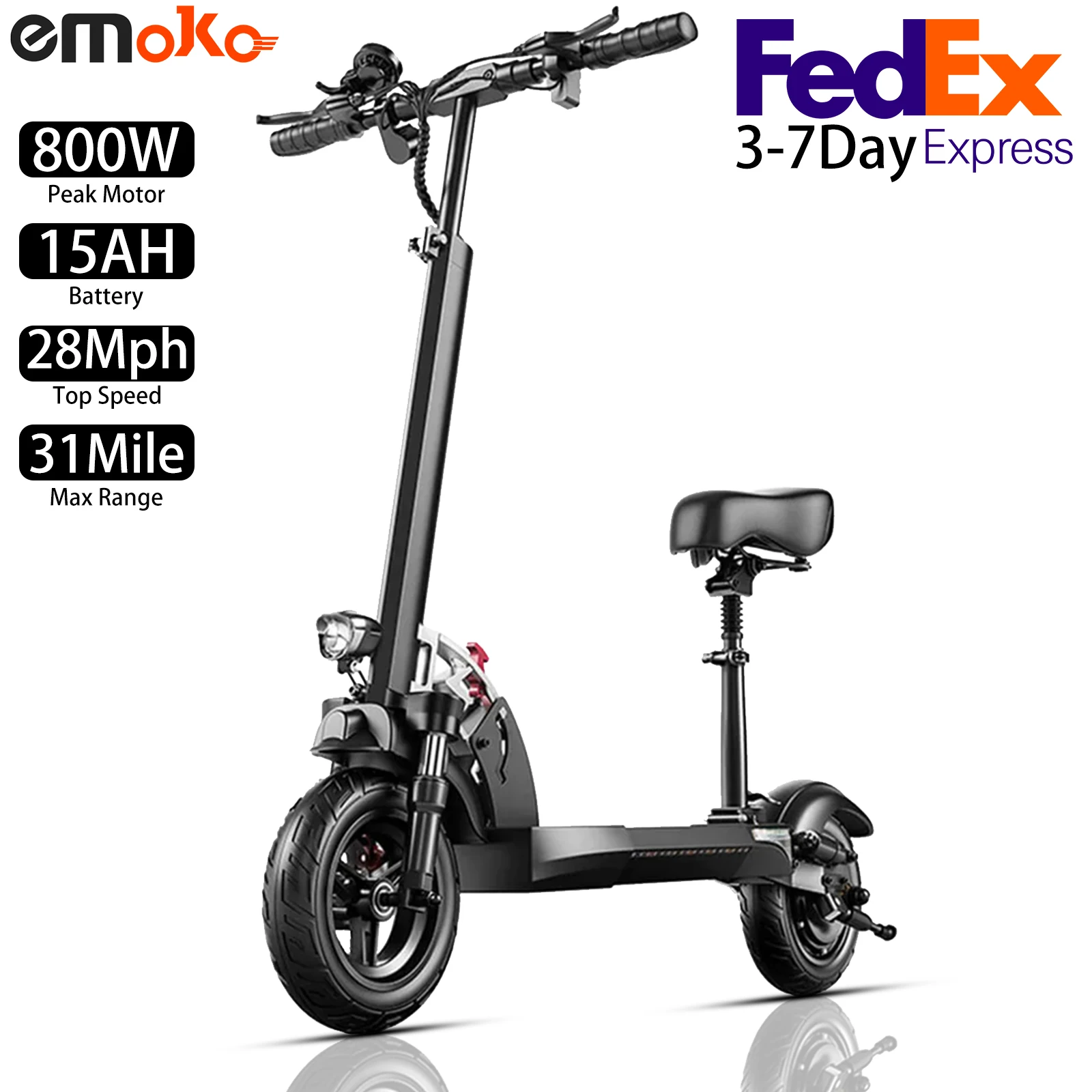 

Electric Scooter EMOKO HVD-3 10" 800W, 28Mph, 31Mile, City Commuter Electric Scooter Foldable with Seat, 48V 15Ah