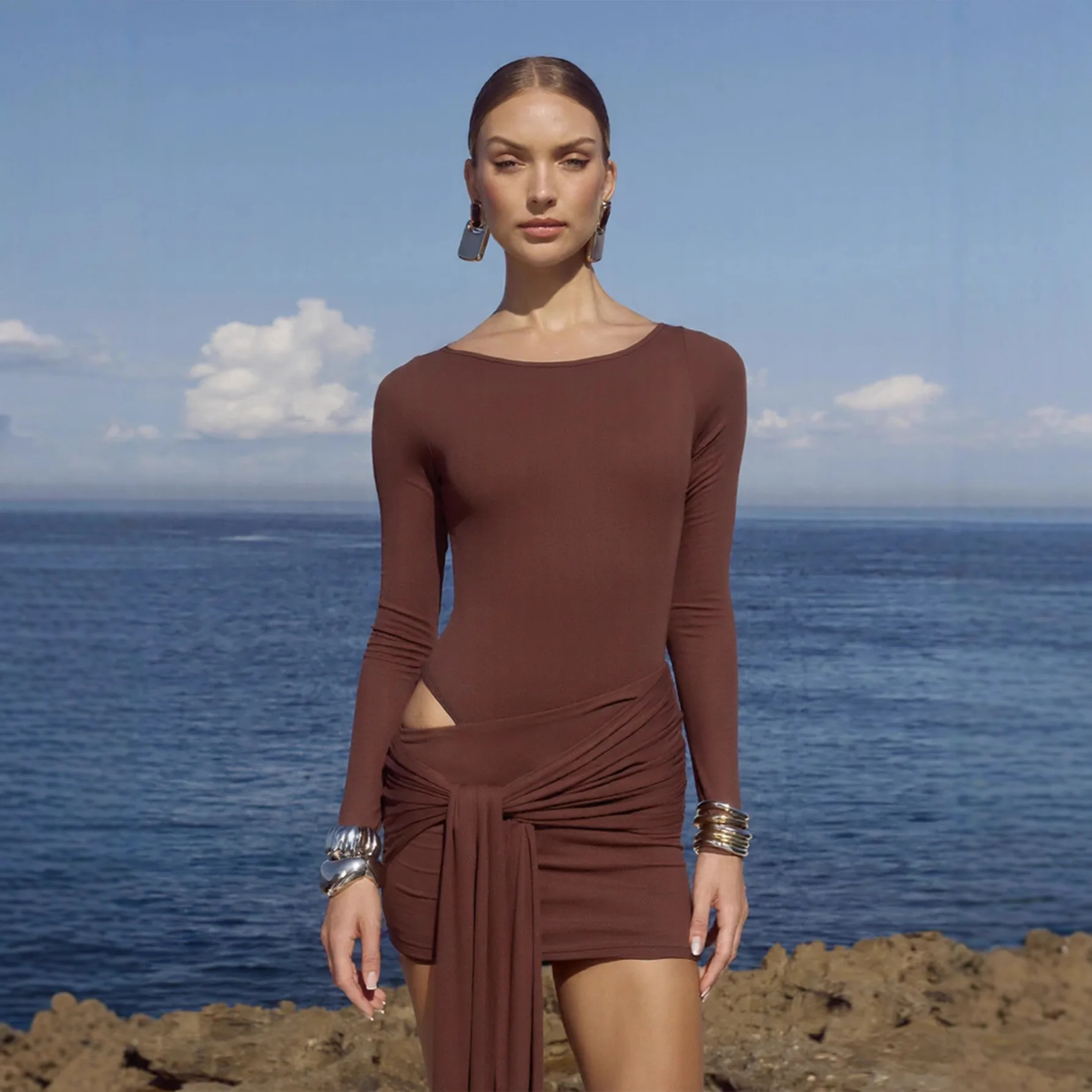 Vestidos femininos vestido para trabalho primavera temporada jacquard abstrato desconstrução assimétrico em camadas dobrado silhueta alta-baixa para