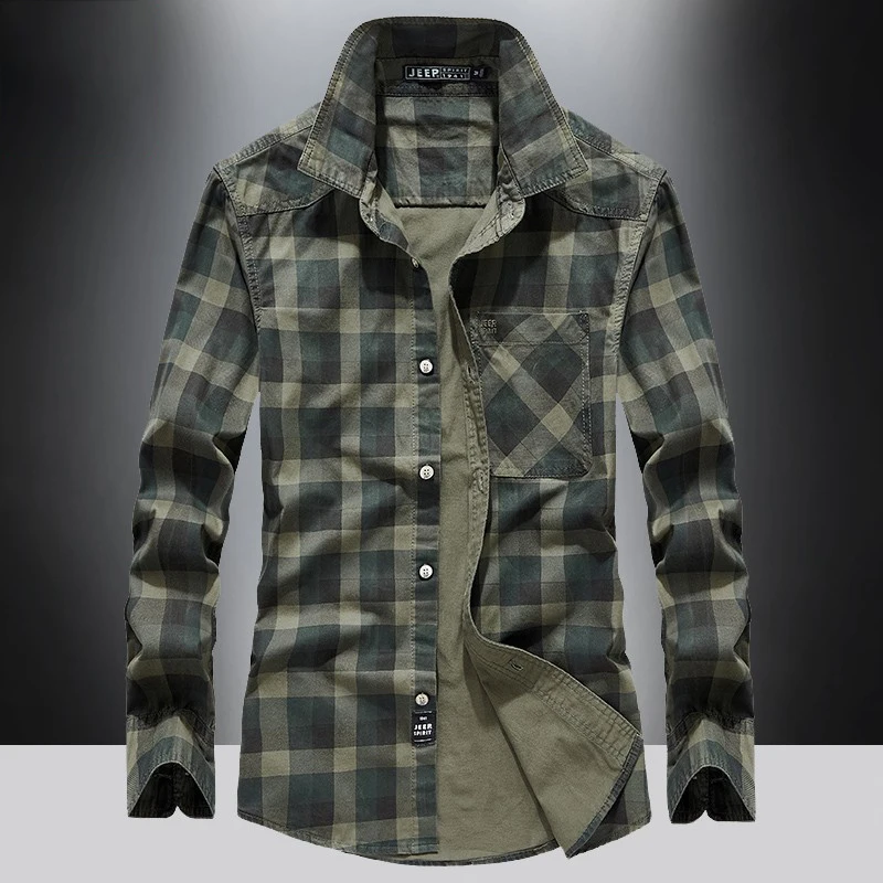 

Мужская рубашка с длинным рукавом в клетку, повседневная, свободного кроя, рабочая одежда, из чистого хлопка, осенняя, с множеством карманов, модная молодежная рубашка из поплина с принтом