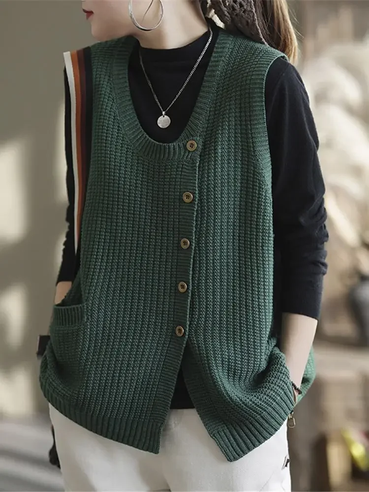 

Fashion Solid Color Button Pockets Asymmetrical Vest Sweater Women's Clothing 2025 Autumn New Loose All-match Casual Tops ZT193