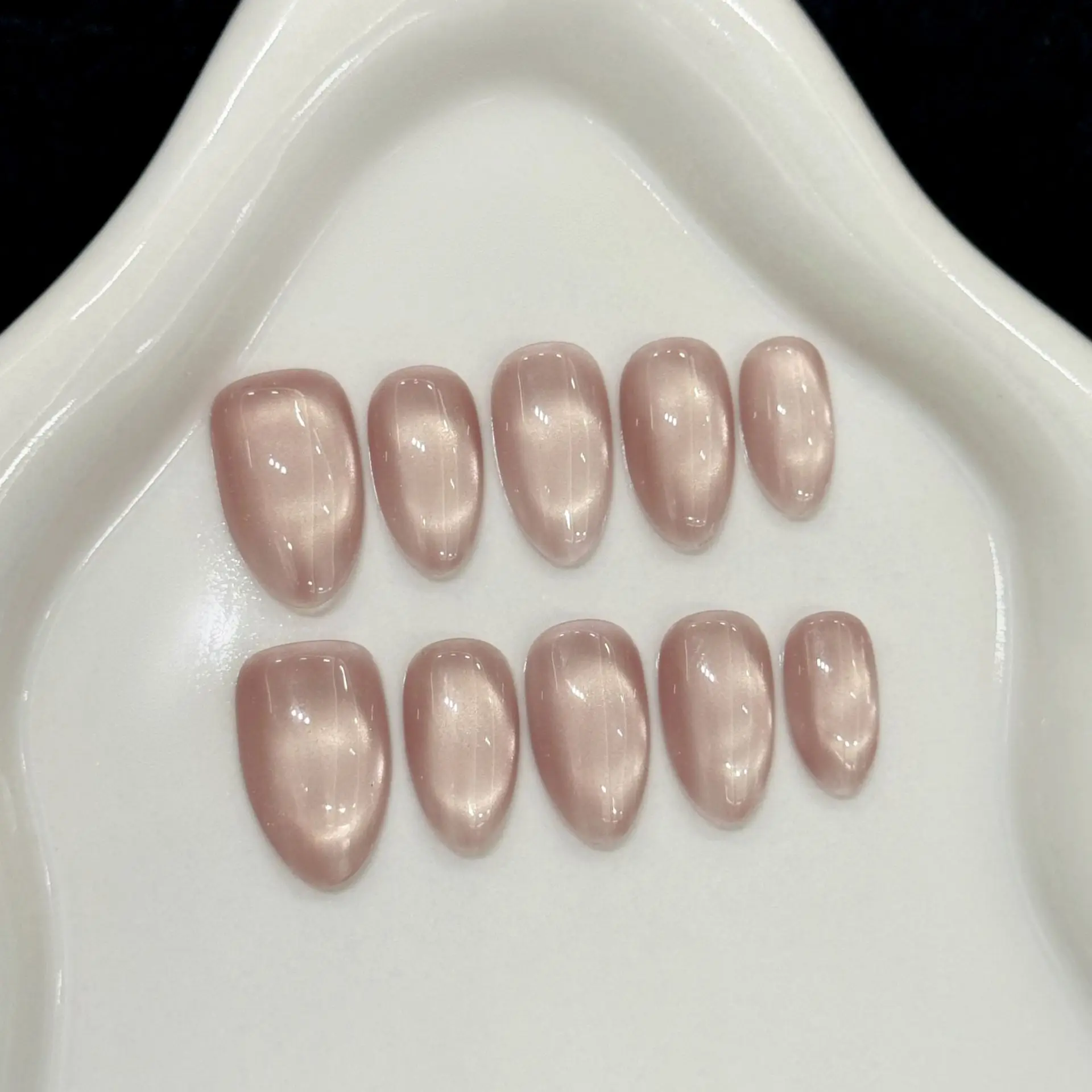 10pcs Handmade Press On Nails Solid Color Glossy Glass Beads Cat's Eye False Nails Full Cover Short Almond Fake Nail For Women