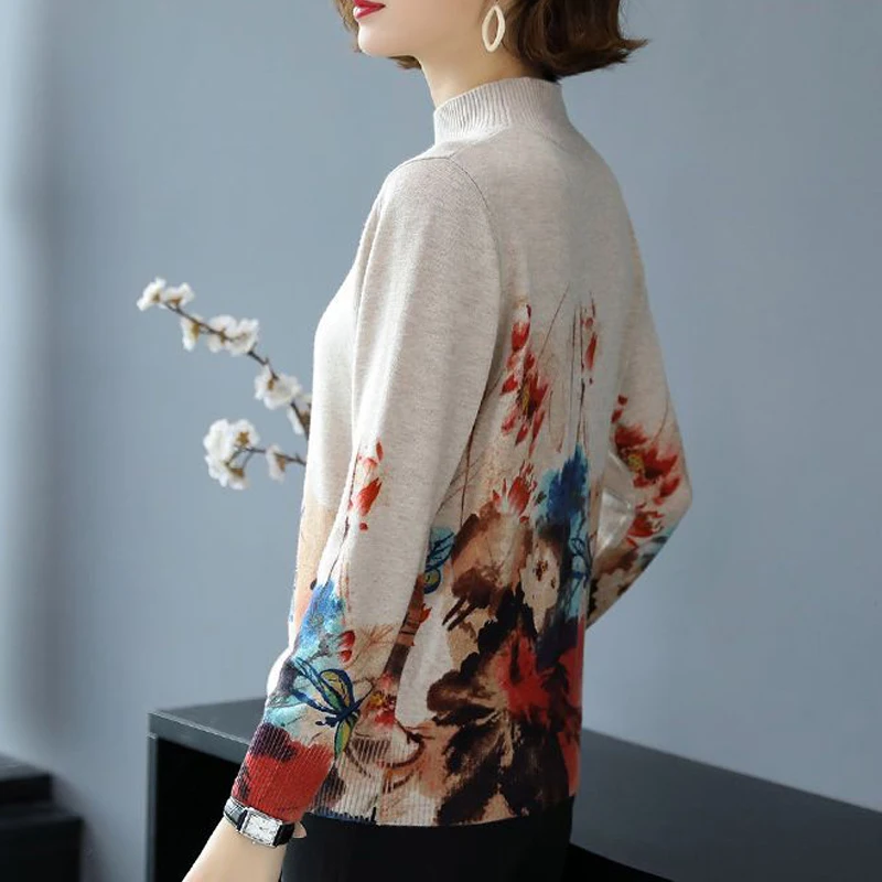 Women Vintage Chinese Style Print Half High Collar Elegant Knitted Sweater Autumn Winter Fashion Long Sleeve Loose Pullover Tops