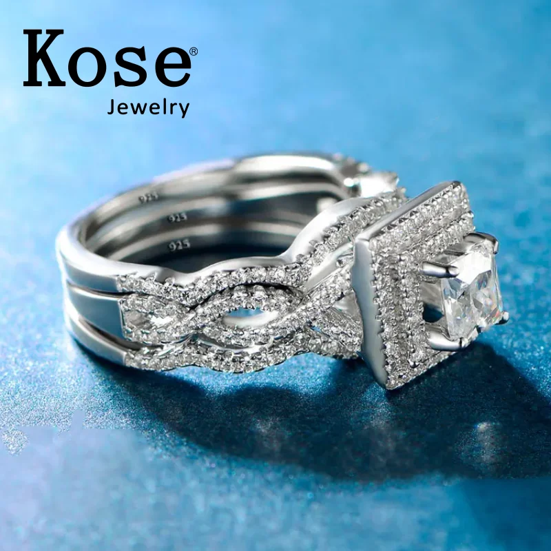 KOSE Jewelry Silver 925 Set Women Ring Wedding Accessories 3pcs 5*5mm Zircon Princess Cut