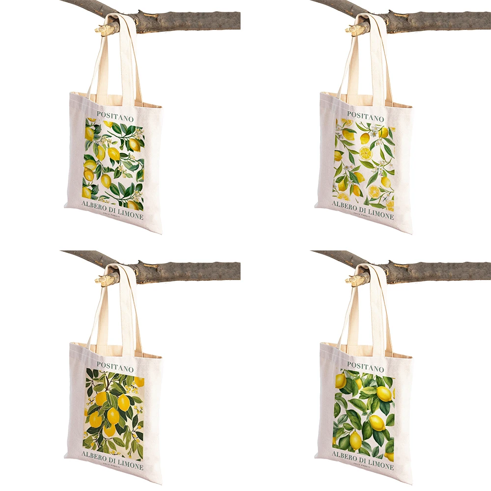 Valencia Positano Lemon Leaves Women Shopper Bags Children Gift Tote Linen Plant Travel Shoulder Handbag Lady Shopping Bag