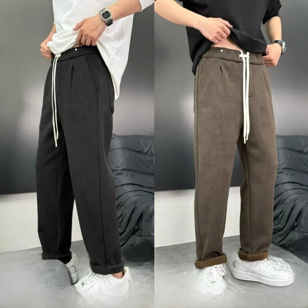 

Thiened Fce-lined Elastic Waist Men's Casual Pants Autumn Winter Warm Straight Leg Pants Faionable All-match ...