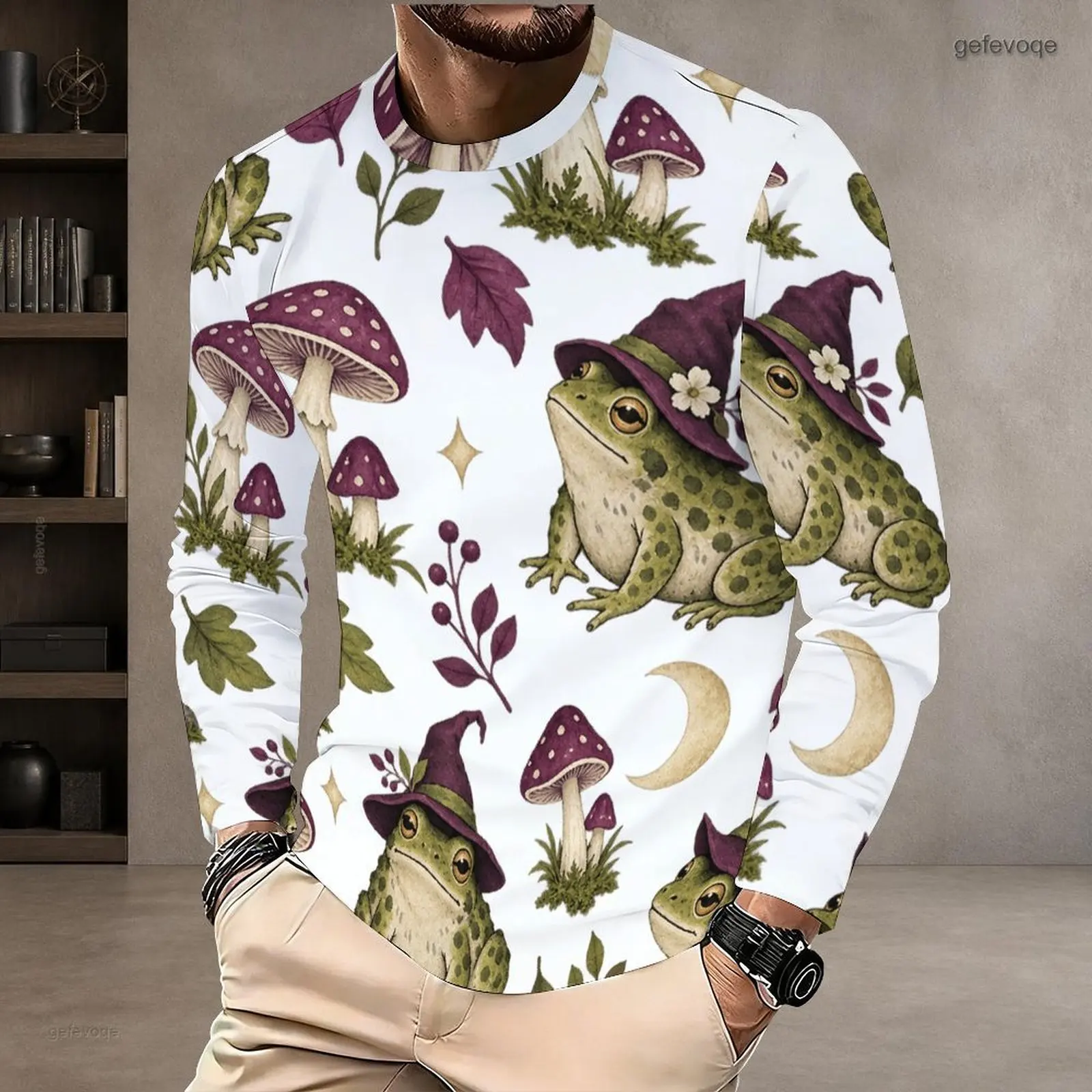 Men Round Neck Long Sleeve T-Shirt, Printed Wizard Frog, Mushroom, Leaf, Moon Star Pattern