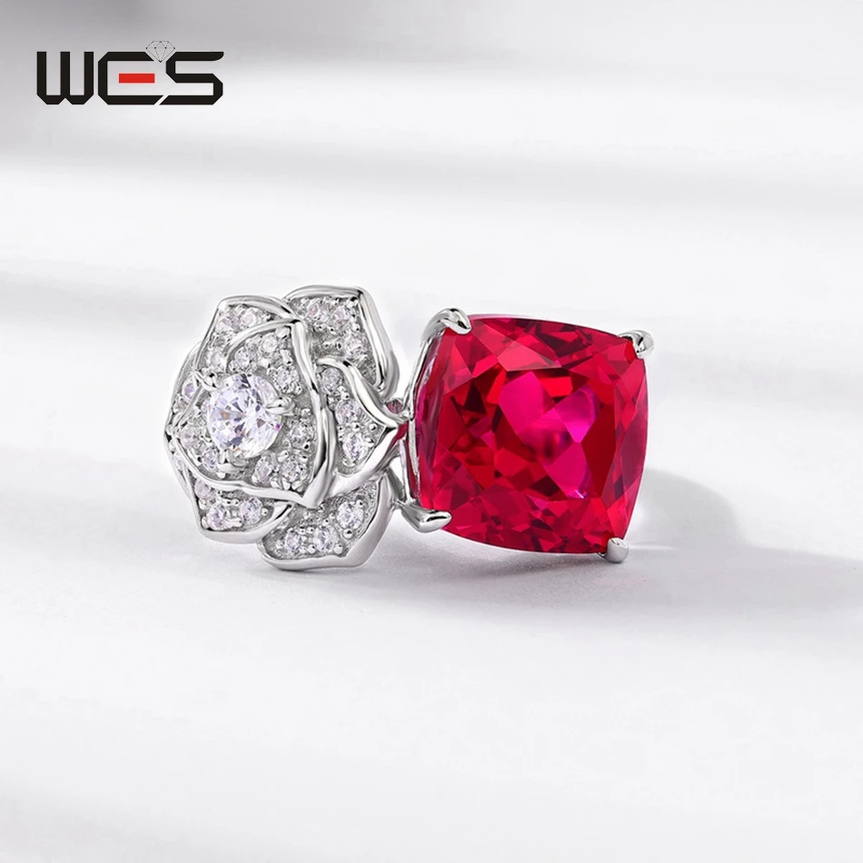 Anillos de plata de ley 925 WES para mujer, rubí rojo creado en laboratorio, 10x10mm, compromiso de boda, regalo de San Valentín, joyería fina certificada