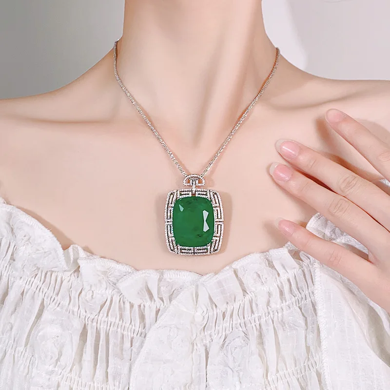 Cushion Large CZ Pendant Necklace Silver‑Tone Hollow Geometric Halo Multicolor Vintage Luxury Women Statement Jewelry