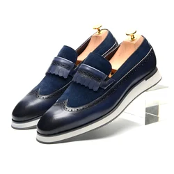 Luxury European Men's Sneakers Cow Suede Genuine Leather Wingtip Tassel Flat Loafer Business Office Slip-on Casual Shoes for Men