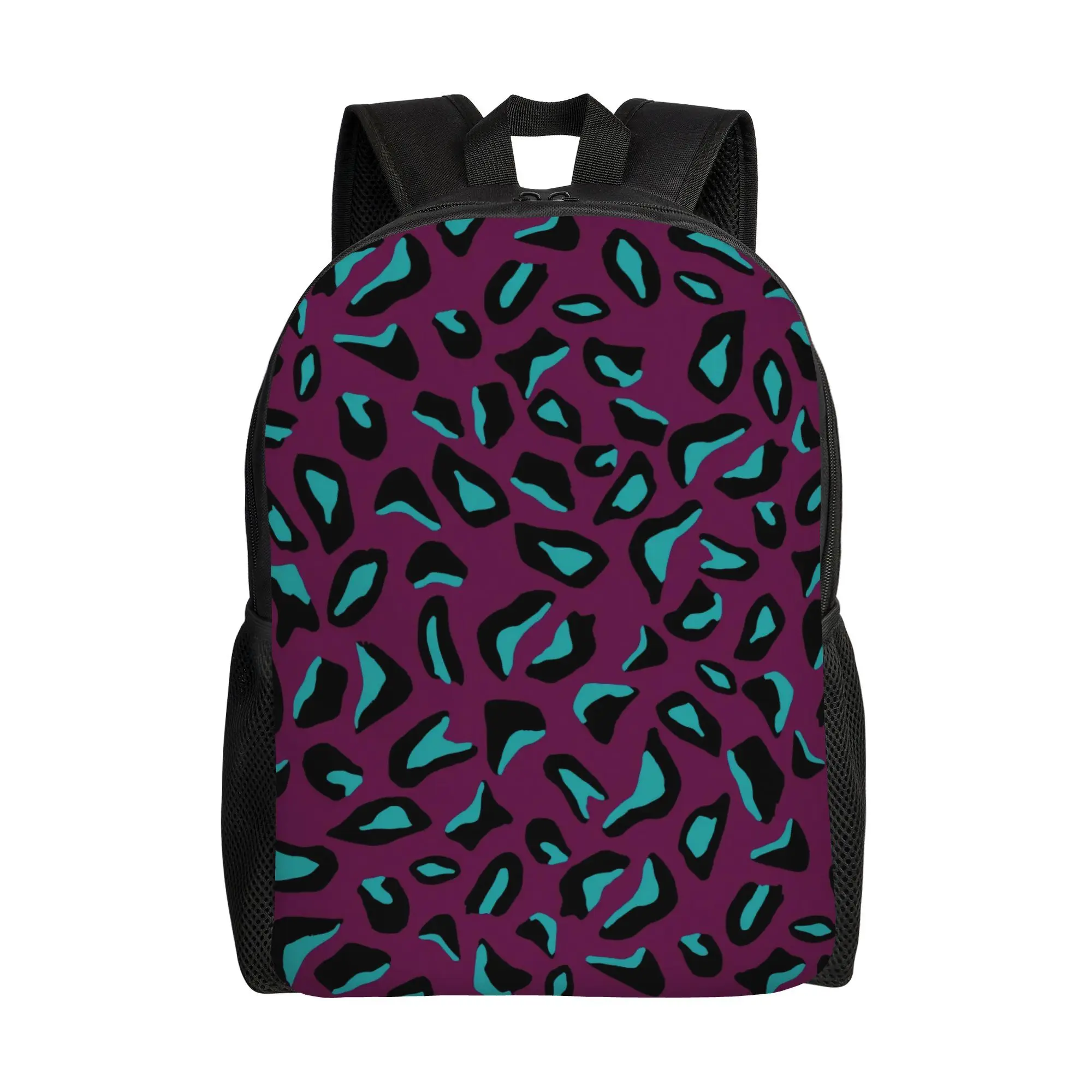 

Turquoise Blue and Purple Leopard Print Backpack - Lightweight with turquoise embellishment, single pocket design, suitable