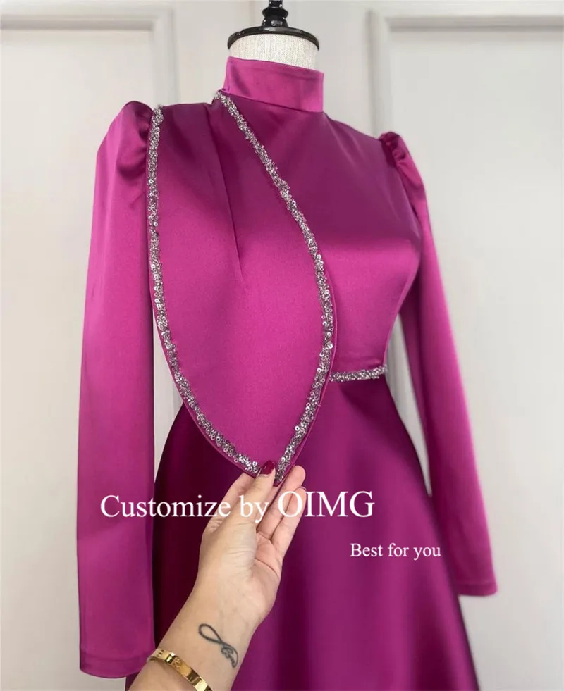 Modest A Line High Neck Long Sleeves Evening Dresses Beads Sash Floor Length Saudi Arabic Muslim Formal Party Prom Gowns