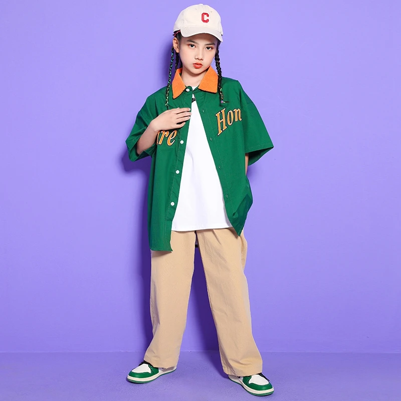 Girl Boy Jazz Dance Costume Rave Clothes Kids Hip Hop Clothing Lapel Green Shirt Short Sleeve Tops Streetwear Khaki Pants For