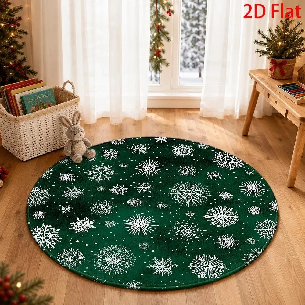 Festive Holiday Snowflake Round Rug, Rich Red Base Ornamental Silver Snow Printed Circular Floor Mat for Living Room Bedroom