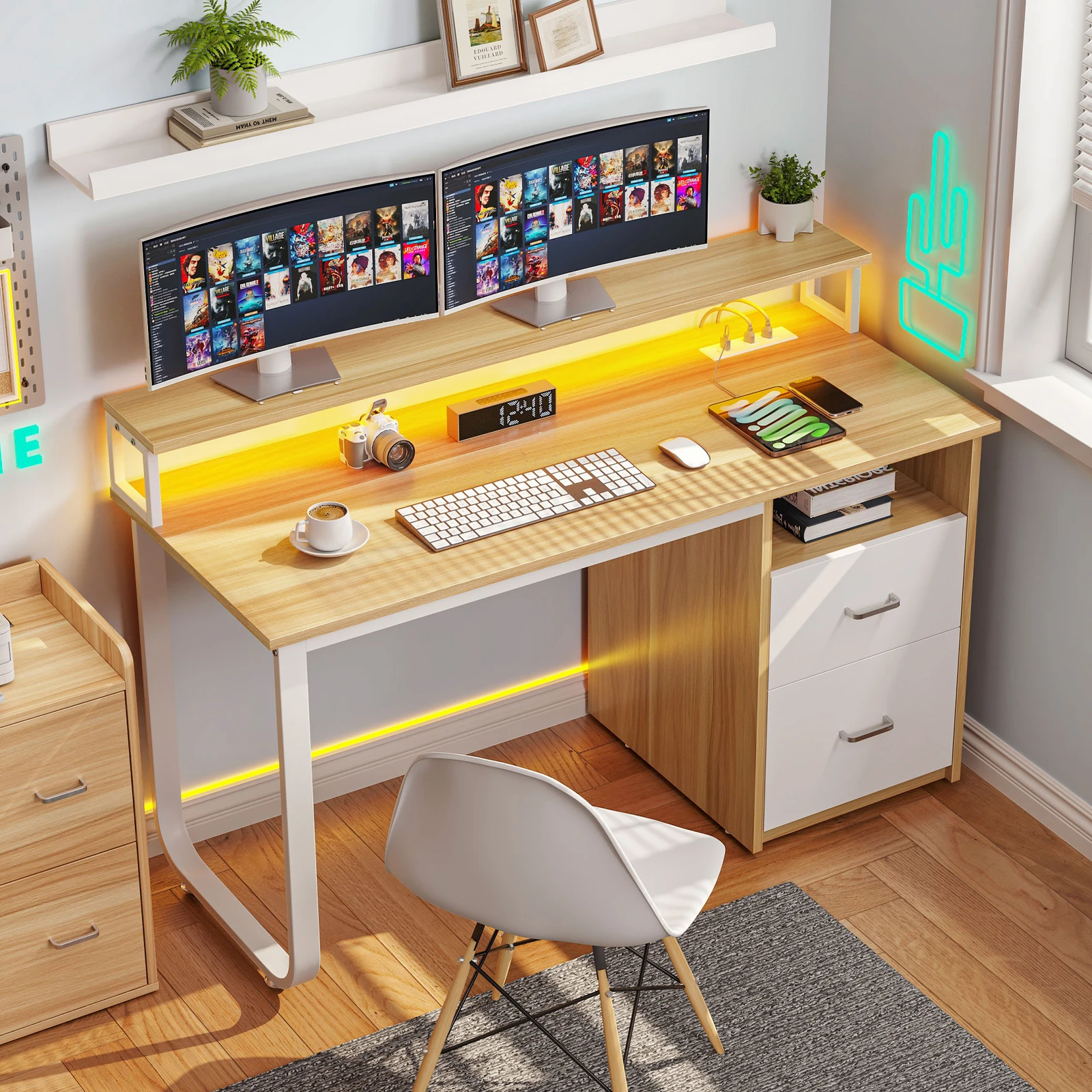

47 inch Computer Desk /Power Outlets &LED Lights Home Office Desk Writing Table