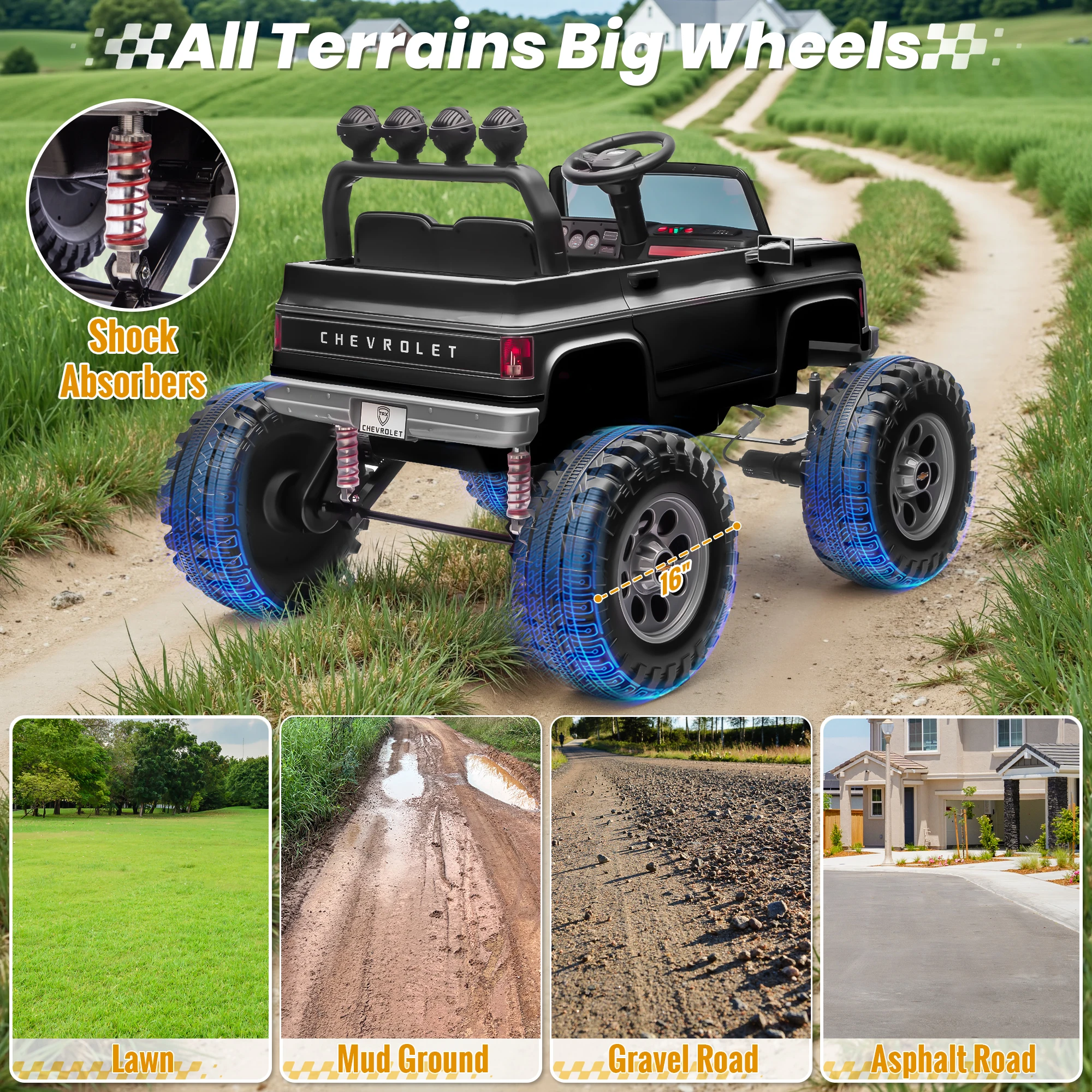 Mobil Mainan 24V, Truk Chevrolet Cheyenne Berlisensi dengan Motor 4X200W, Remote Control, Dekorasi Streamer