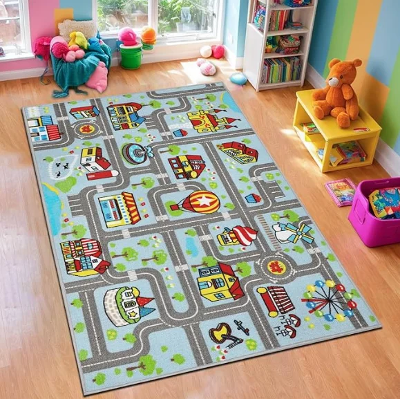 Capslpad Kid Rug for Playroom Pink Play Rug Traffic Road Car Play Mat Educational Learning Area Rug Home Decor