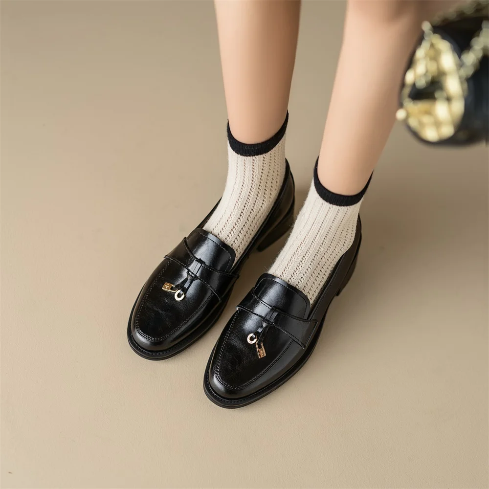 Taoffen Casual Loafers For Women Genuine Leather Square Heel Metal Decoration Pumps Fashion Round Toe Slip-On Office Lady Shoes