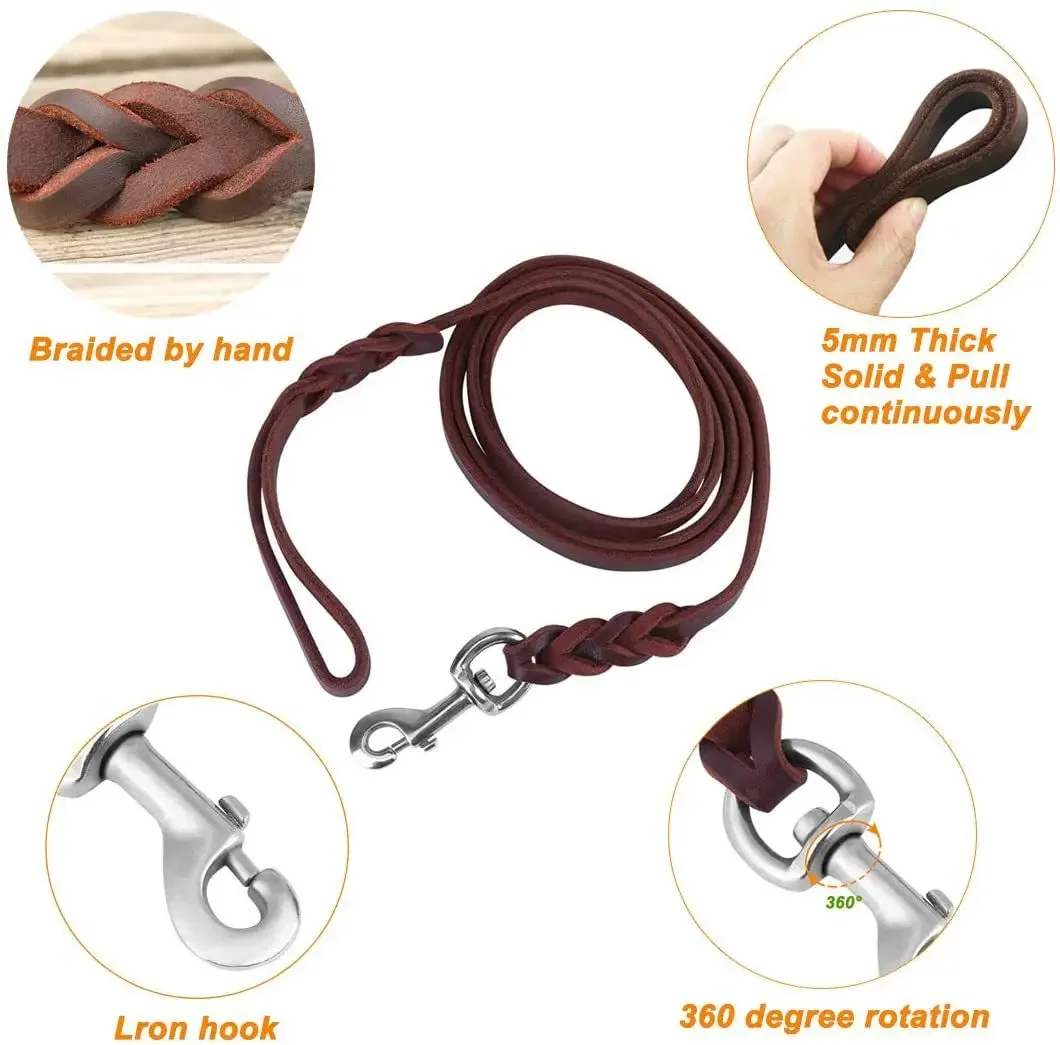 Hundeleine aus echtem Leder, lange Leinen für Hunde, geflochtenes Haustier-Walking-Training führt braun-schwarze Farben für mittelgroße und große Haustiere – Detail 11
