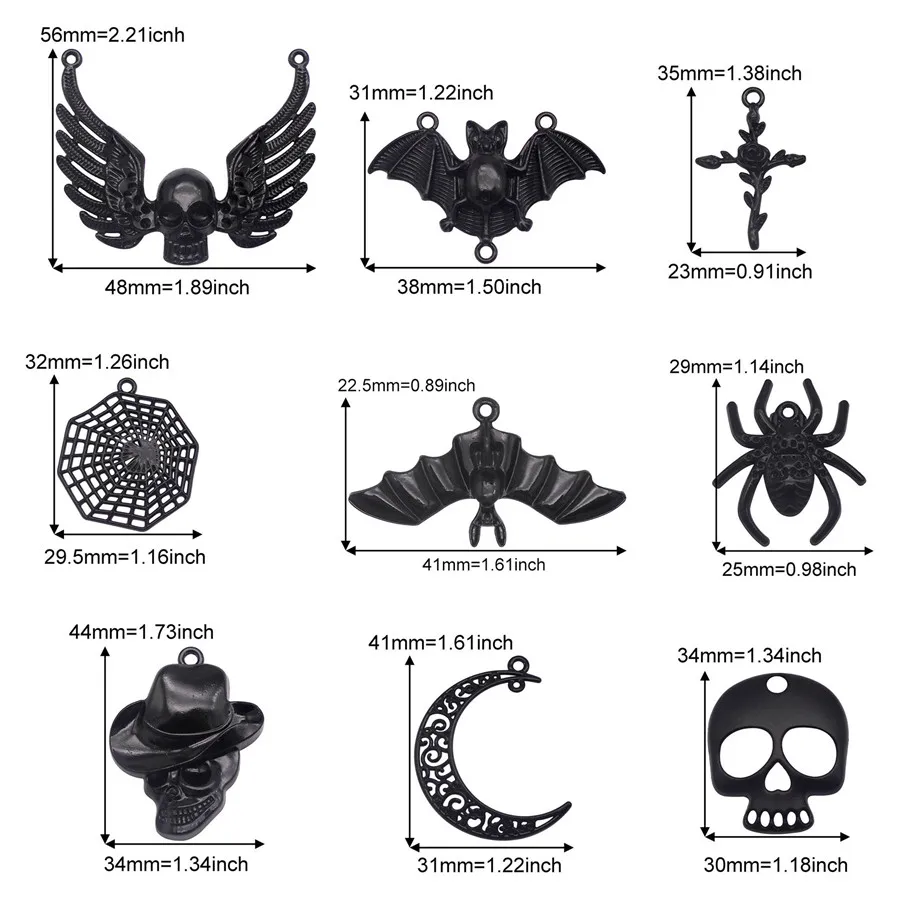 Julie Wang 6/9PCS Enamel Halloween Charms Alloy Black Bat Skull Spider Moon Pendant Necklace Bracelet Jewelry Making Accessory