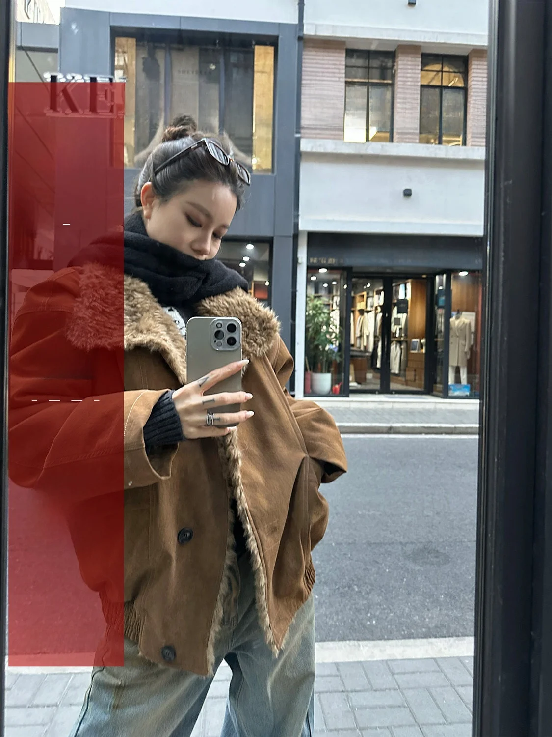 

D YANGJUN Autumn Winter Casual Caramel Latte Floing PU Fur Collar Stand up Windproof Jaet Women's Long Sve Coat