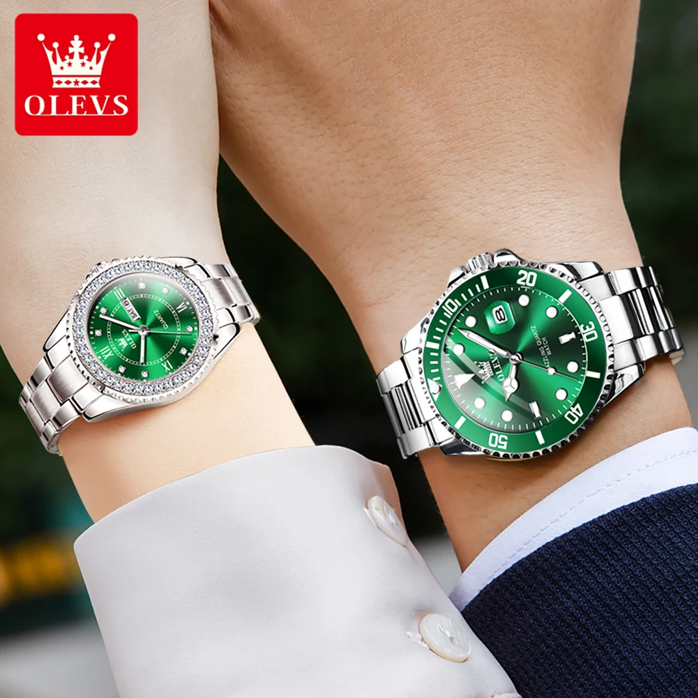 OLEVS Luxury Brand Original Couple Watch Waterproof Green Men\'s and Women\'s Quartz Watch Romantic Lover Calendar Week Wristwatch