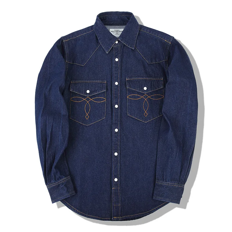 American Wash Vintage Denim Shirts Pearl Snap Western Heavyweight Long Sleeve Shirt Classic Cowboy Denim Men's Slim Fit Shirt