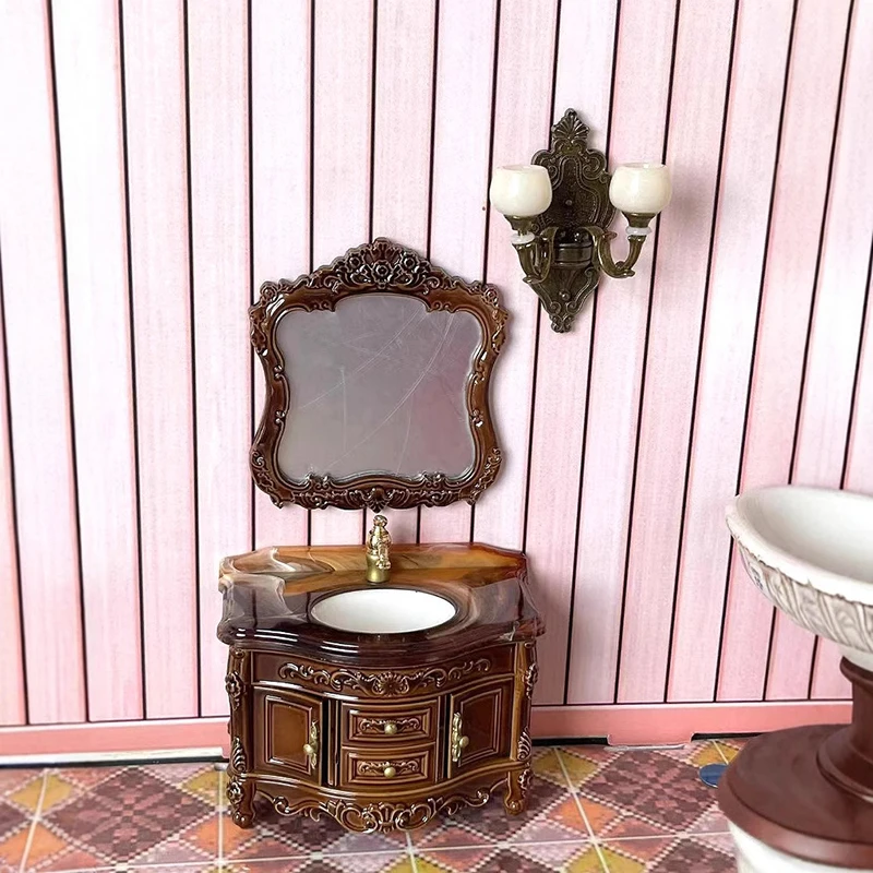 Dollhouse Mini Furniture Basin Sink Mirror Mini Bathroom Scene Home Washbasin Toy Ornament For Doll House Decoration Accessories