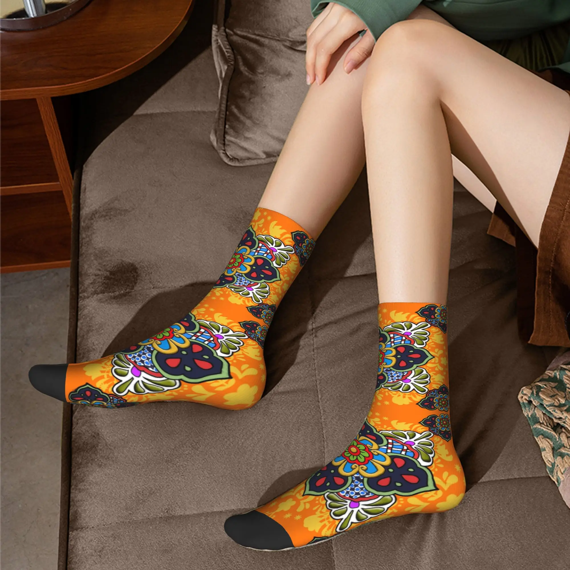 Custom Mexican Talavera Flower Ceramic Tile Men's Crew Socks Unisex Cool  Spring Summer Autumn Winter Dress Socks view 6