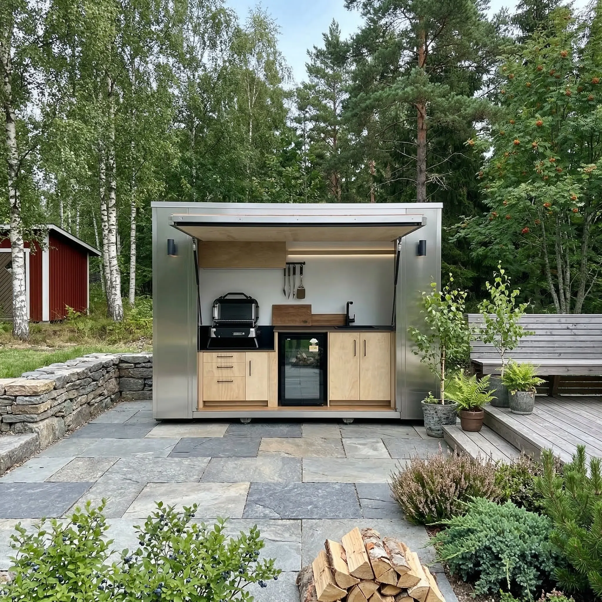 Outdoor Kitchen with Shed European Style SS304 Environmental Protection Compact Pod for Backyard BBQ and Dining Stainless Steel