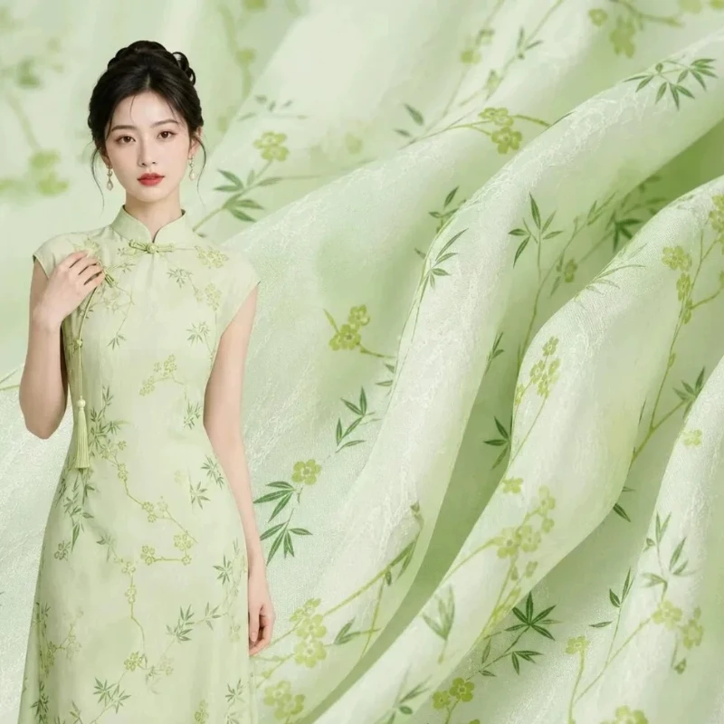 Light Green Bamboo Plum Dark Pattern Printed Lyocell Fabric Chinese Style Thin Semi Transparent Shirt Cheongsam Dress Fabric