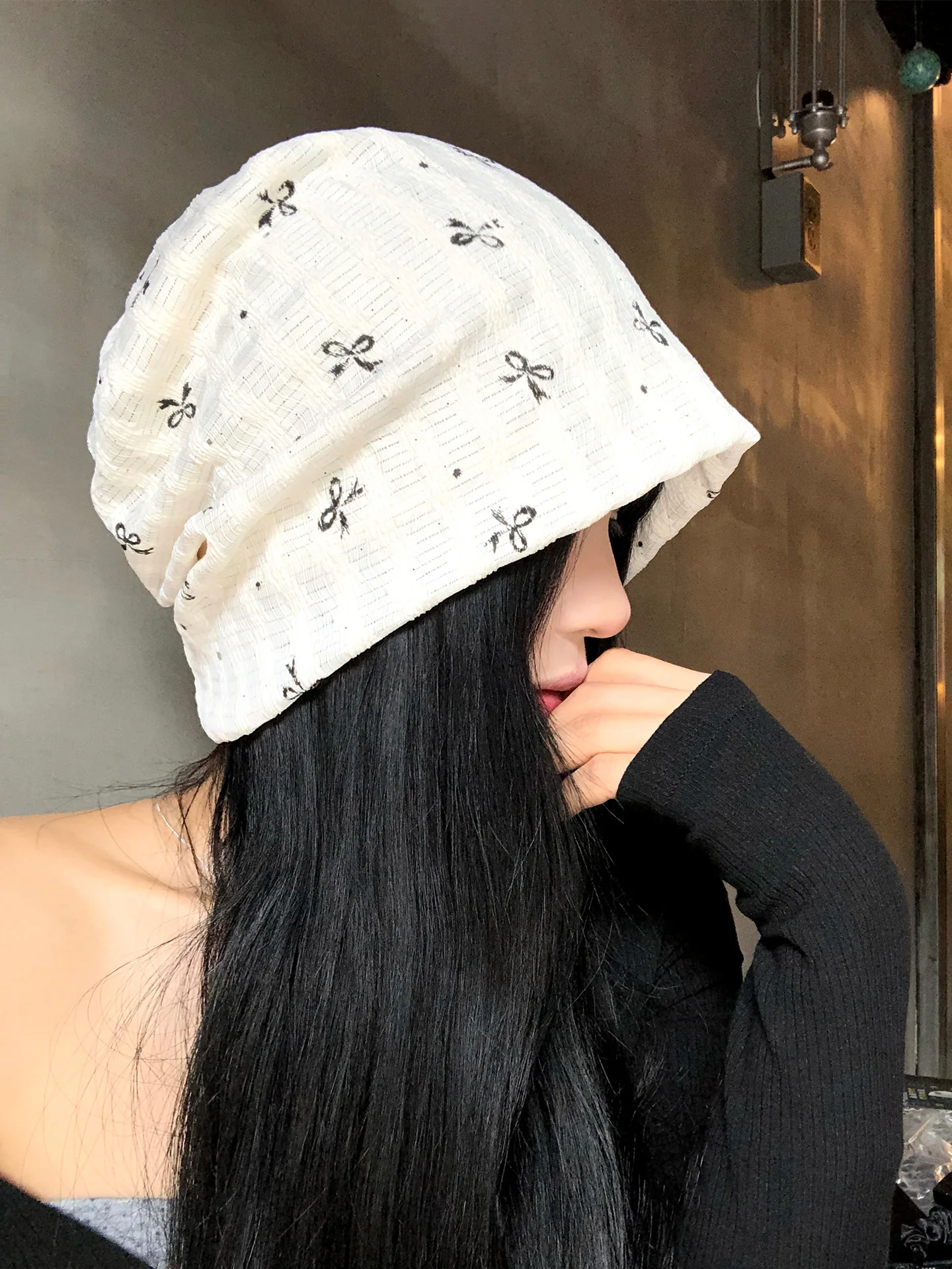 Polka Dot Bow Knot Beige Bucket Hat Women Early Autumn Thin Loose Cold Cap Sweet Versatile Face Slimming Bag Head Hat