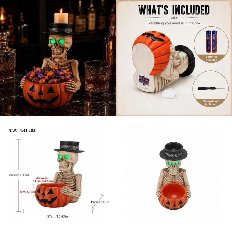 for Halloween skull statue with pumpkin candy bowl and candlestick, Halloween ghostly table decoration