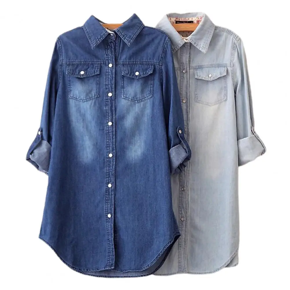 

Women Casual Blue Jean Soft Denim Long Sleeve Shirt Tops Blouse Hot Lady Button Pocket Slim Top Sexy Blouse Loose Commute Basic