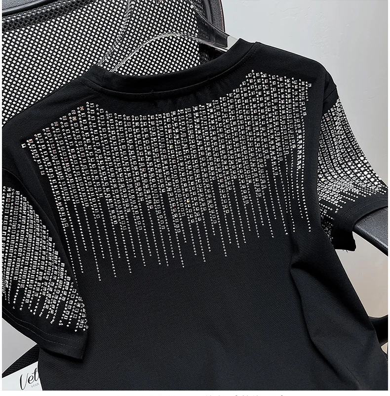 2025 New Summer Heavy Industry Hot Diamond Fashion Trend Short Sleeve T-Shirt Handsome Boy Cool Ice Silk Bottom Top