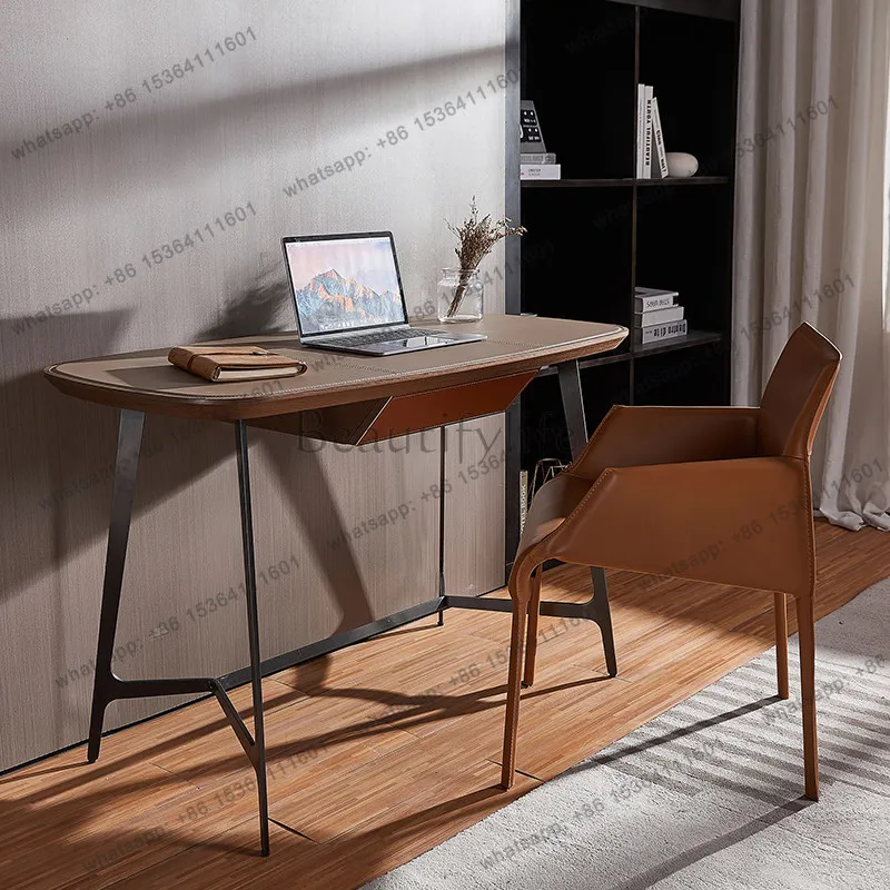 zj.Italian Minimalist Solid Wood Desk Stainless Steel Saddle Leather Computer Desk Home Office Table Modern Simplicity Furniture