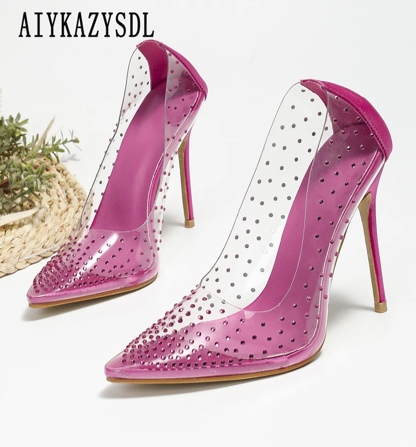 AIYKAZYSDL 2024 Crystal Rhinestone Hot Pink Pumps Women Clear Transparent Court Stripper Shoes High Heel Stiletto Wedding Shoes