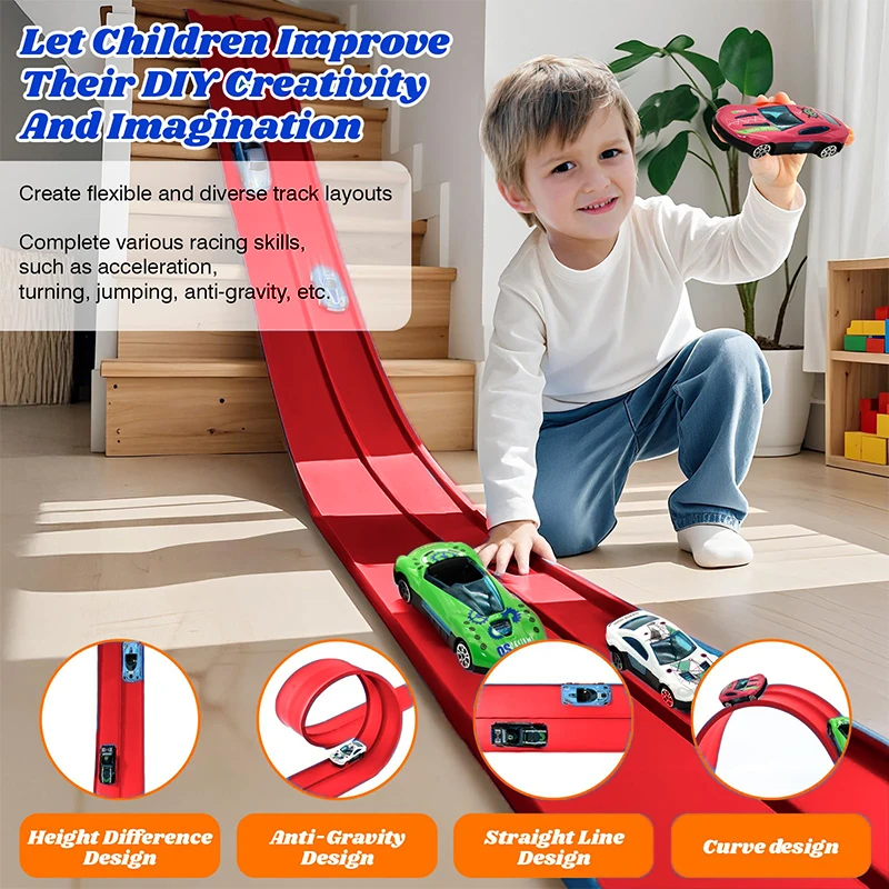 子供用フレキシブル13フィート＆16フィートレーシングトラックキット（吸盤式取り付け、小型レーシングカー4台付き）