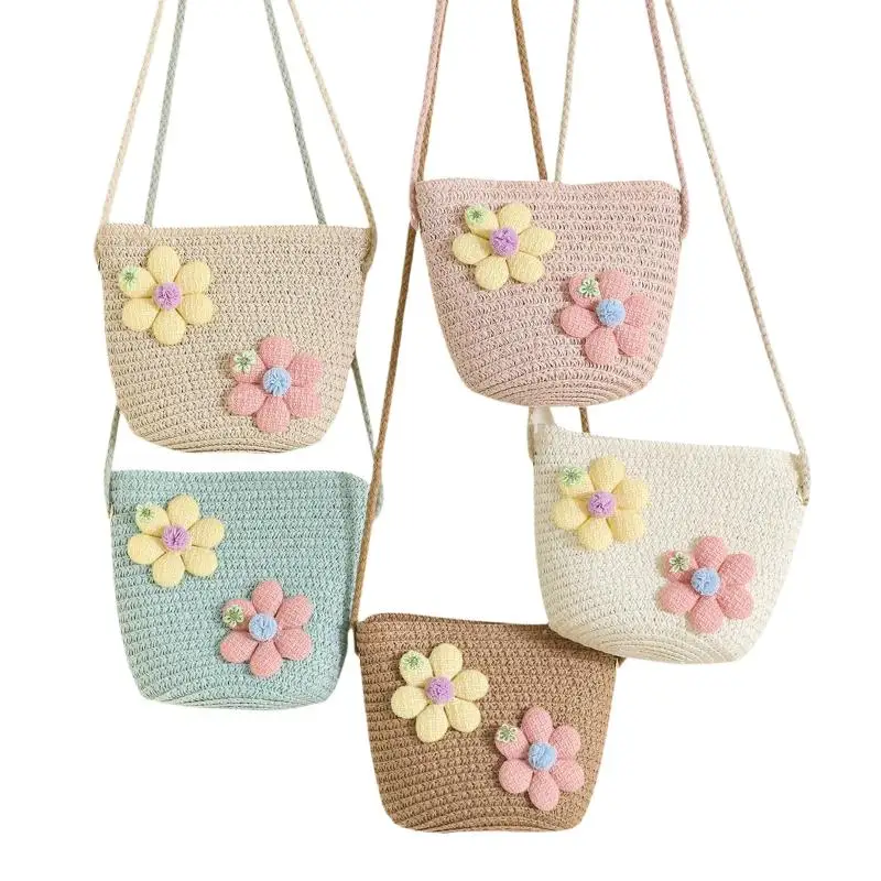 Modische Handgefertigte Gewebte Mädchen-Blumen-Strohtasche mit Reißverschluss Kinder-Umhängetasche Geldbörse Crossbody-Handtasche Sommer-Strand Foto-Requisiten – Detail 2