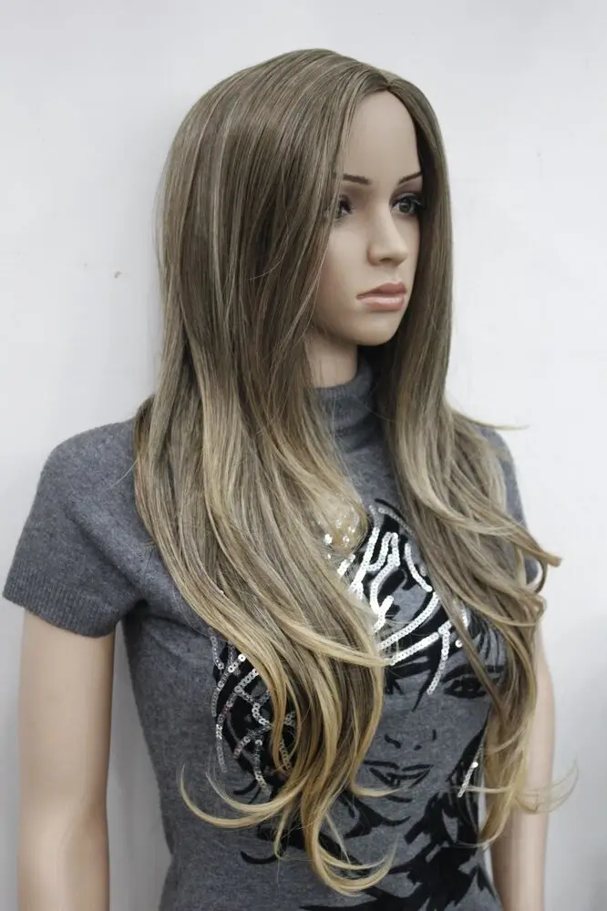 sexy no bangs brown mix long wavy side skin part top synthetic hair women's wig