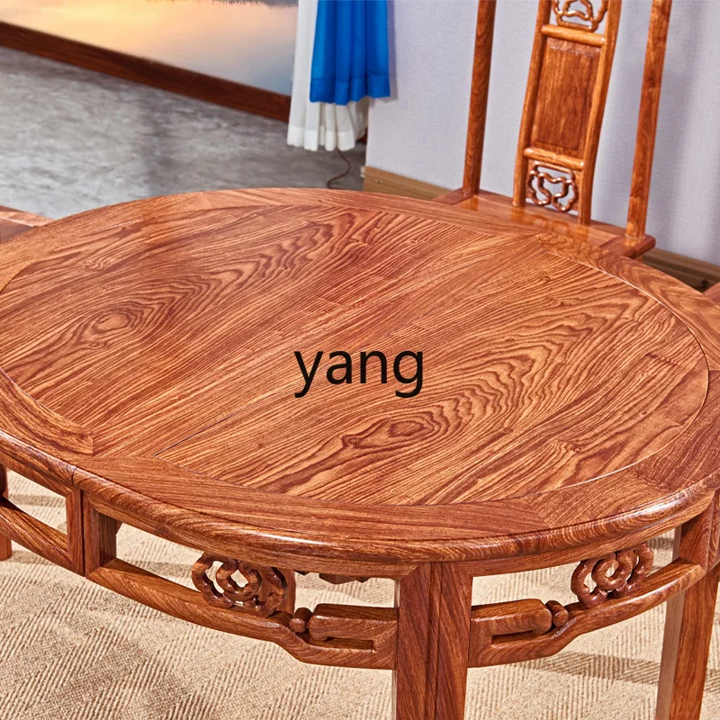 YJQ Chinese mahogany retractable round dining table and chairs all solid wood rectangular dining room rosewood furniture