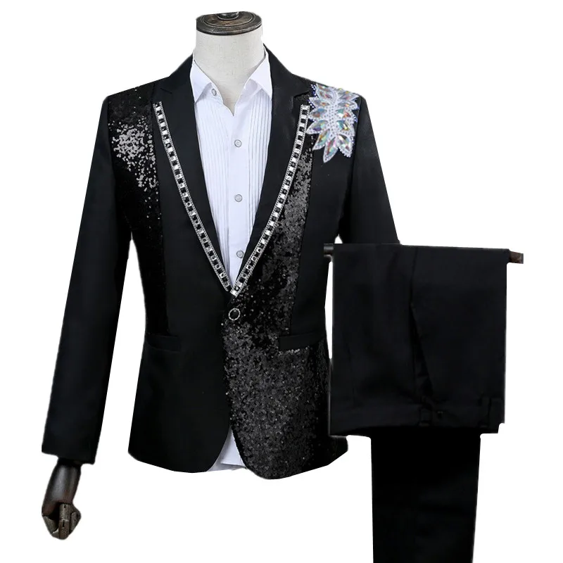 New Fashion Men Dance Party Sequin Dress Suit 2 Piece Set Black / White Singer Host Stage Performance Patchwork Jacket and Pants