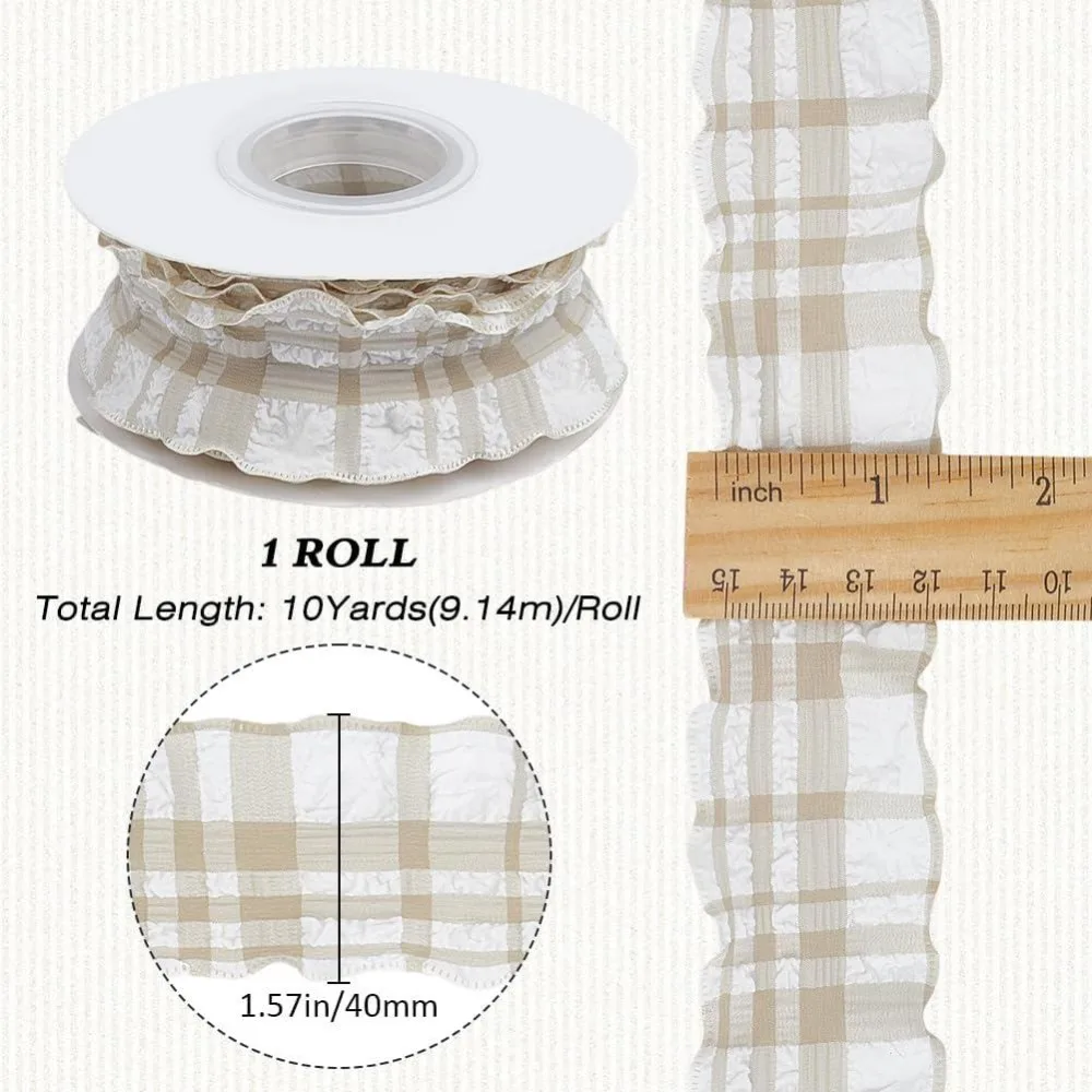 10 Yards 1.5 Inch Beige Plaid Ribbon Checkered Ribbon Tan Gingham Double Chiffon Ruffled Edge Polyester Ribbon with Spool