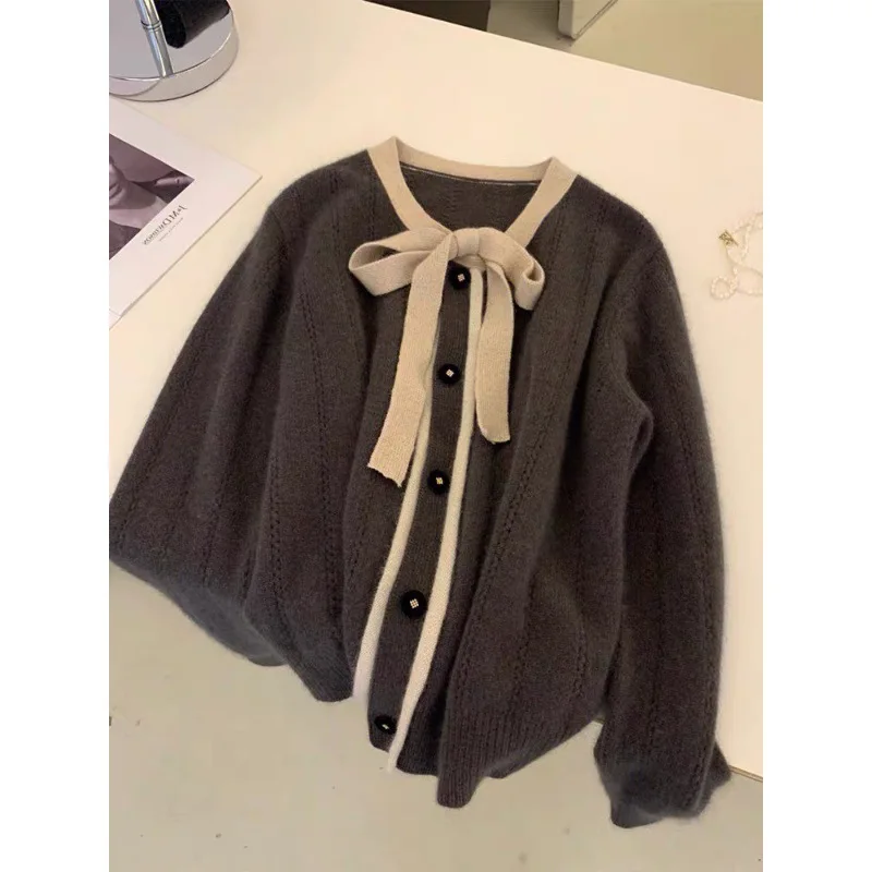 Bear Velvet Knitted Cardigan Women Spring and Autumn Gentle Style Soft and Waxy Contrasting Color Butterfly Knot Sweater Jacket