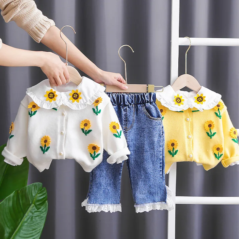 SpringAutumn Toddler Baby Girls Cotton Sunflower Sweater Jacket+T-Shirt+Lace Jeans Set Kids 3PCS Tracksuit Children Outfit 1-6Yr