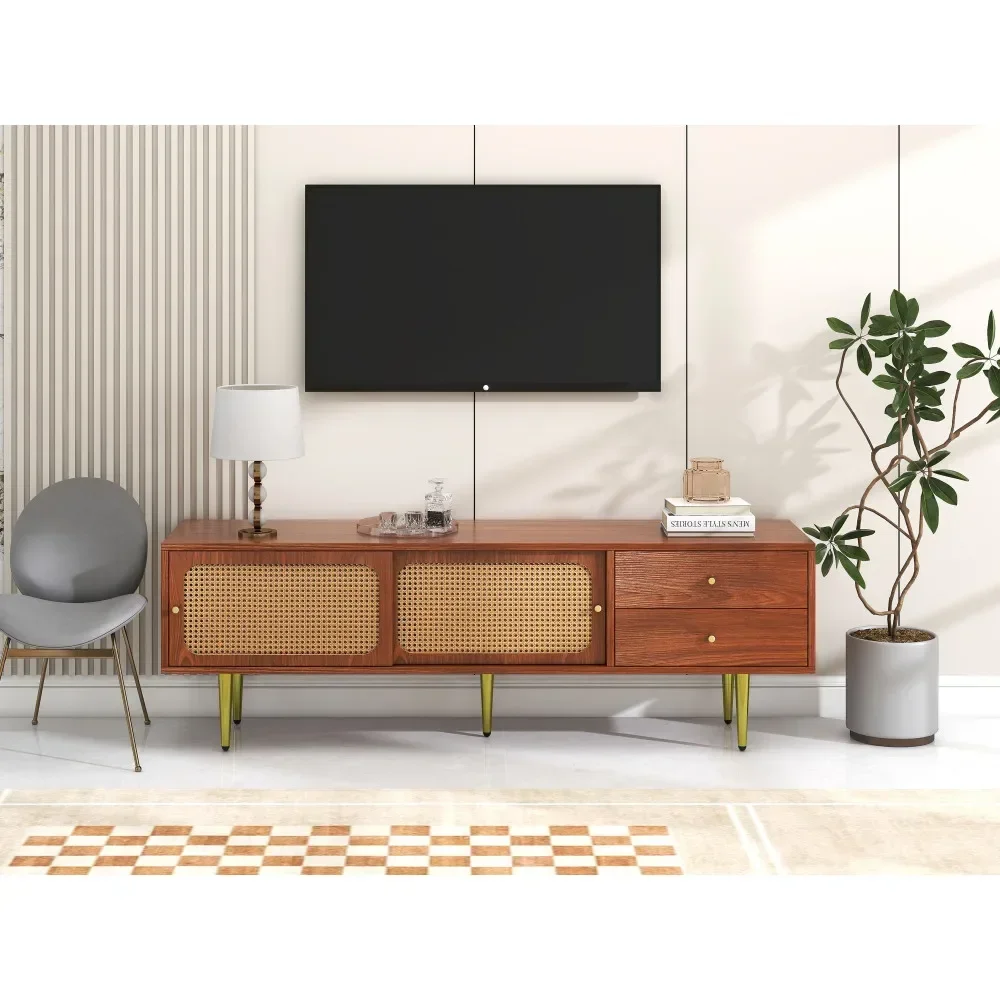 Moderner TV-Ständer mit Rattan-Schiebetüren, praktischer Stauraum, dunkles Rattan-Design aus Walnussholz – Detail 15
